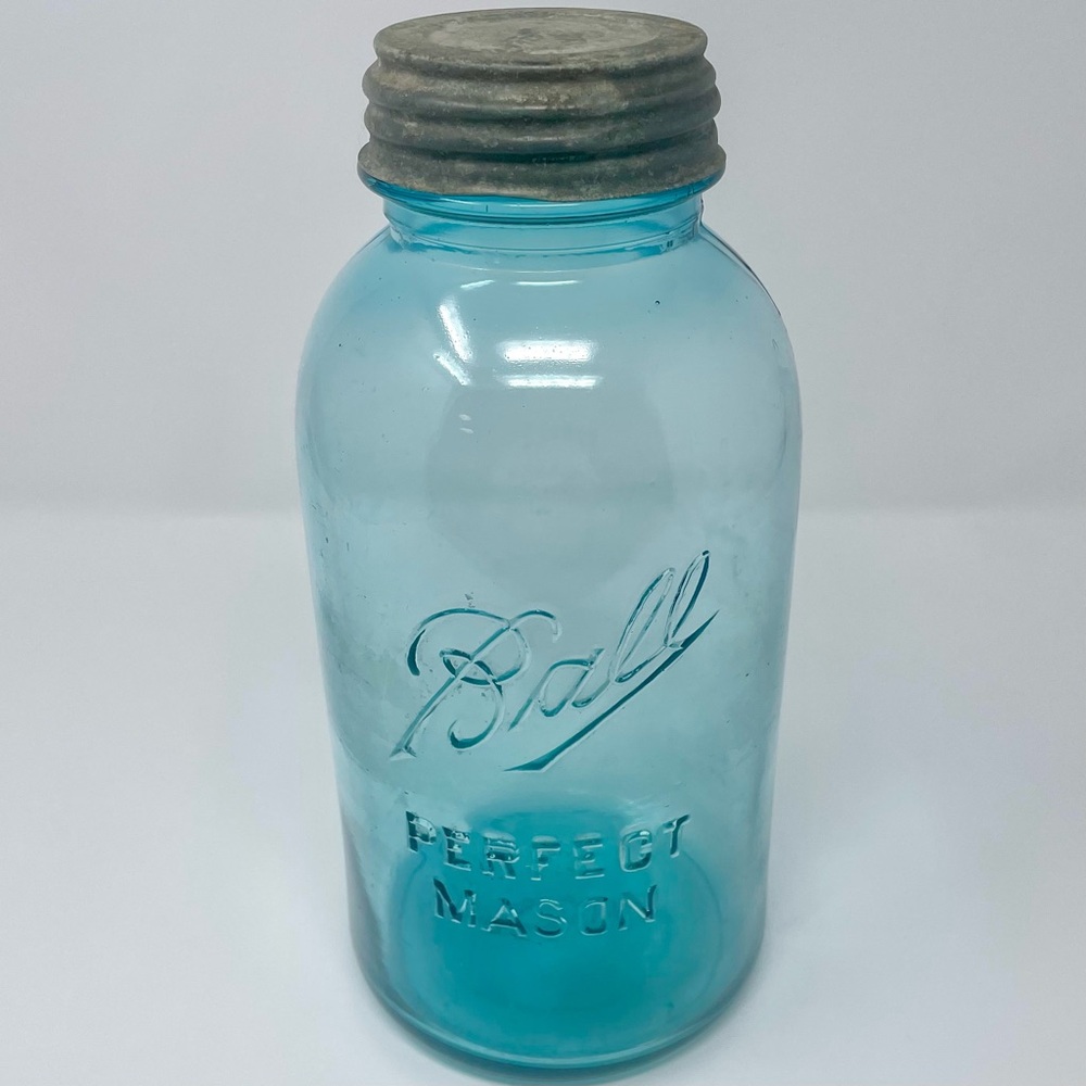 Antique Ball Perfect Mason Jar Blue Glass Zinc Lid Half Gallon 1910-1923